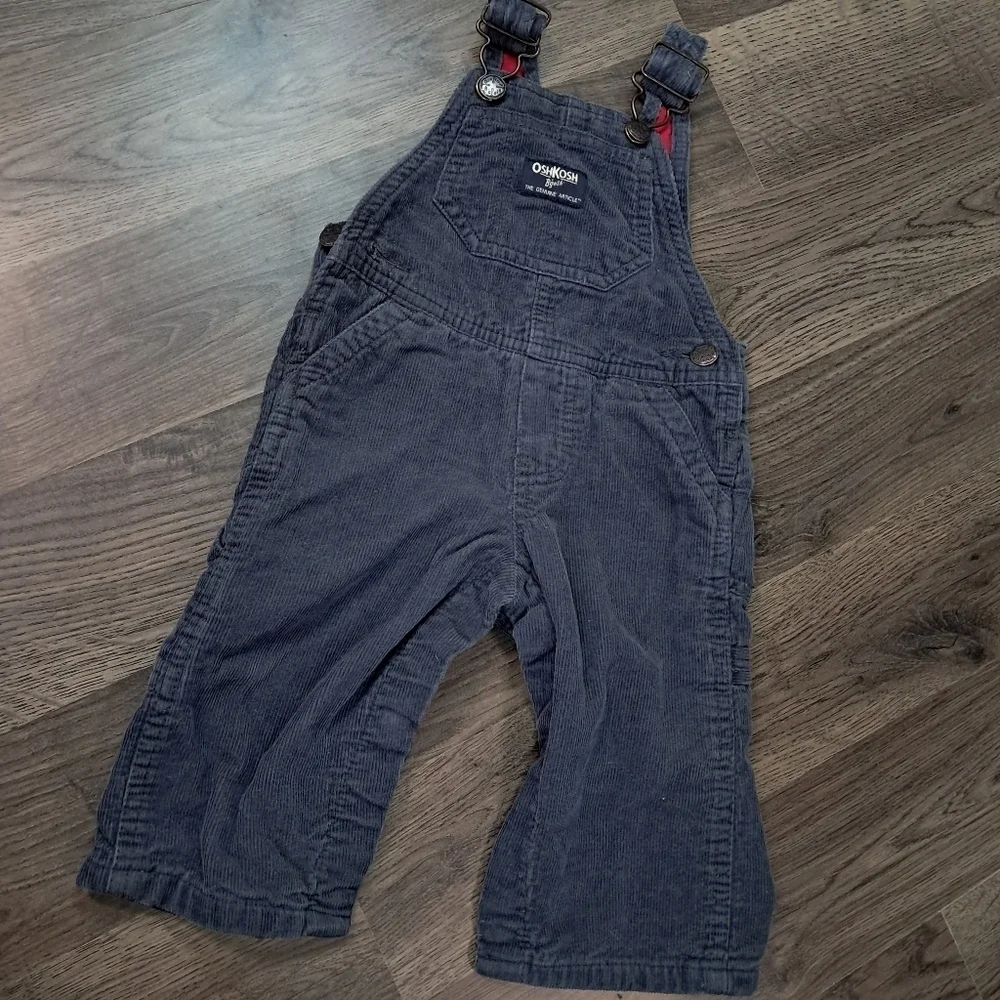 OshKosh B'Gosh Corduroy Conductor Overall Blue Grey Red Lining Size 6 Month